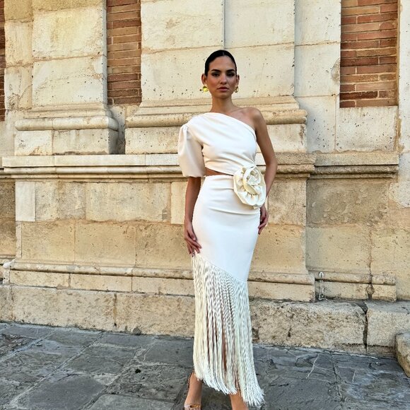 5 ⭐️ NWT Elegant Sexy White Fringe Cut Out Shoulder Dress  @The King Kouture XL - Picture 6 of 16